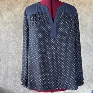 NYDJ Navy Polka Dot Split-Neck Long Sleeve Blouse Size XL